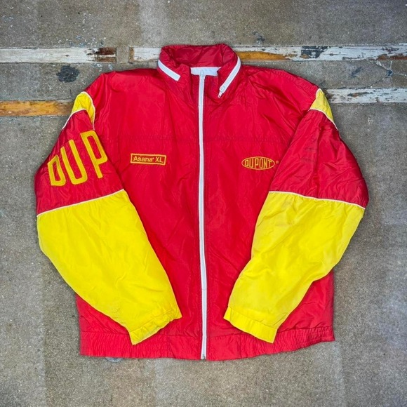 Vintage DuPont Racing Jacket Red Yellow Asana XL Windbreaker Zipped Hood